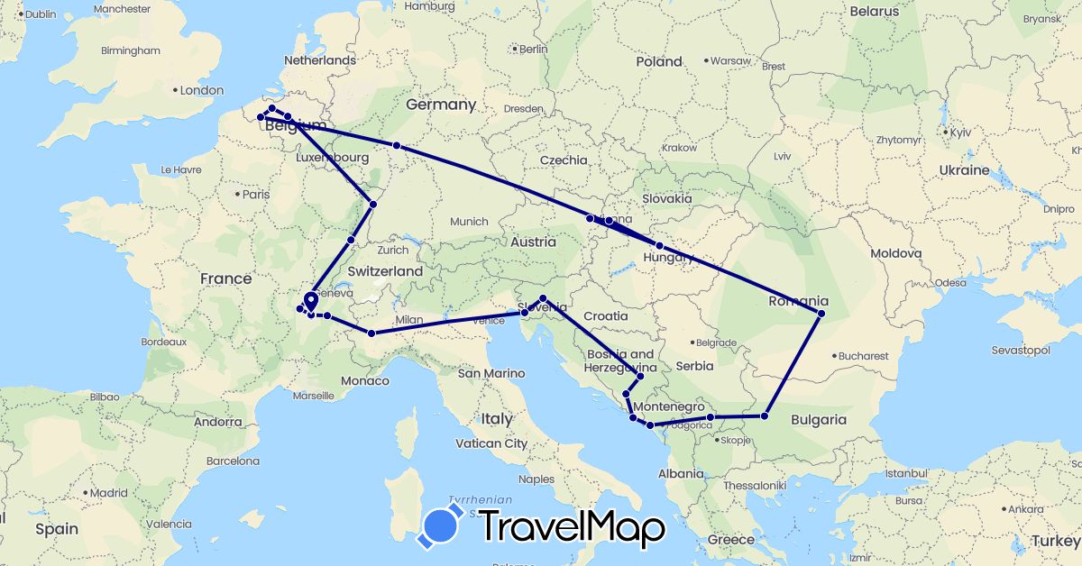 TravelMap itinerary: driving in Austria, Bosnia and Herzegovina, Belgium, Bulgaria, Germany, France, Croatia, Hungary, Italy, Montenegro, Romania, Slovenia, Slovakia, Kosovo (Europe)
